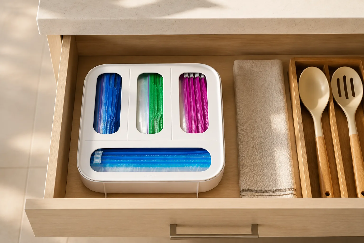 Organized kitchen drawer centered on the four-slot food bag dispenser