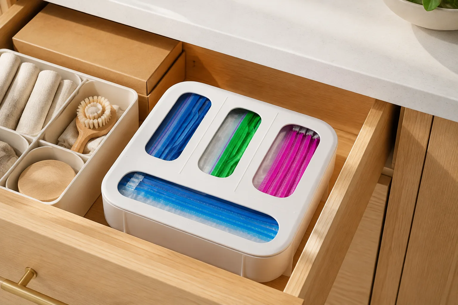 White four-slot food bag dispenser organized inside a kitchen drawer