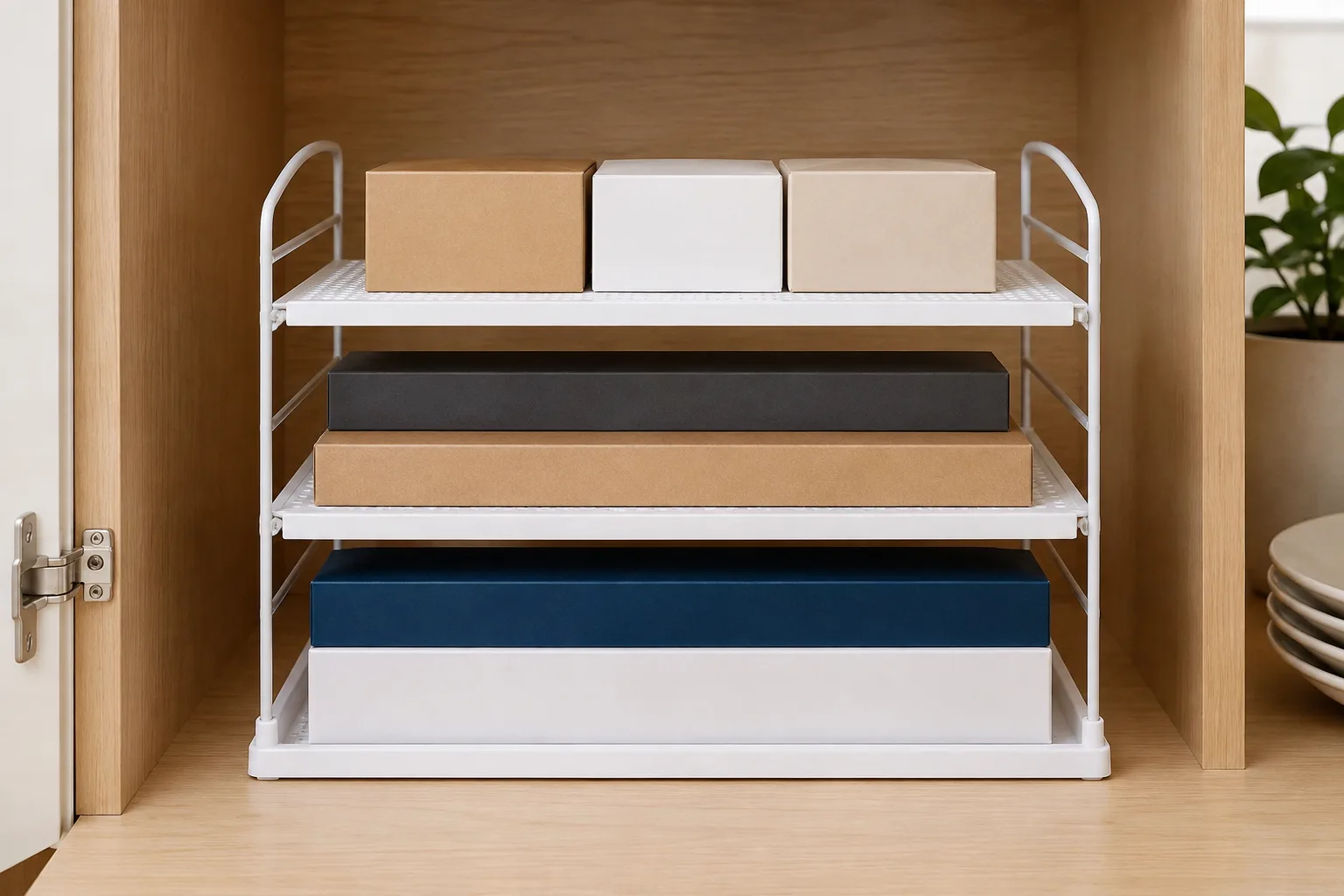 Three levels of blank wrap boxes in a cabinet