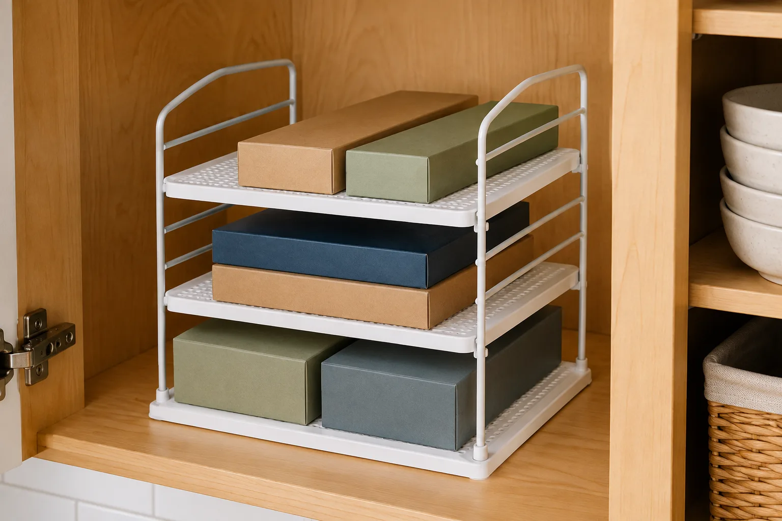 UpSpace upright organizer holding foil and wrap boxes